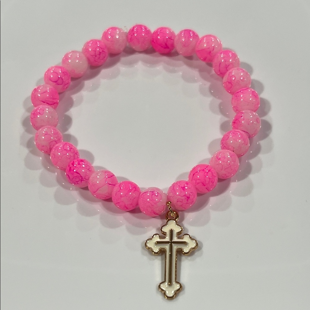Pink Beaded Bracelet with Gold Cross Charm